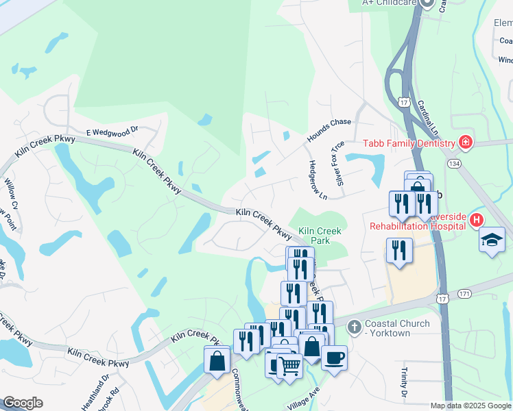 map of restaurants, bars, coffee shops, grocery stores, and more near 104 Kraft Court in Yorktown