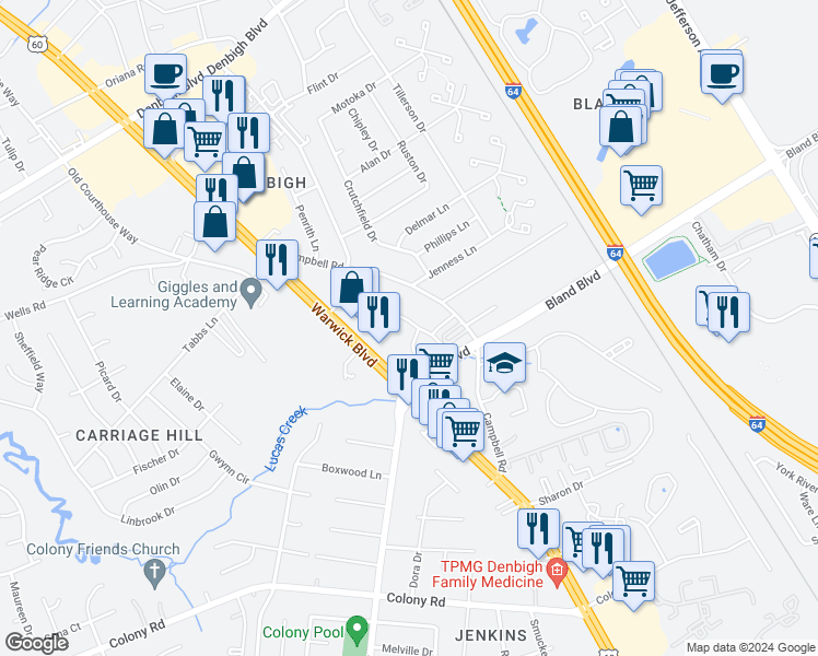 map of restaurants, bars, coffee shops, grocery stores, and more near 3957 Horse Run Glen in Newport News