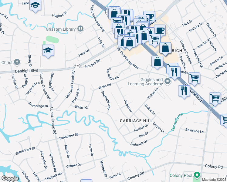 map of restaurants, bars, coffee shops, grocery stores, and more near 232 Telford Drive in Newport News