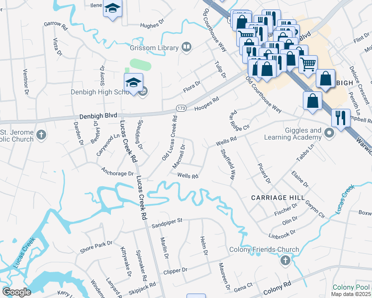 map of restaurants, bars, coffee shops, grocery stores, and more near 720 Mac Neil Drive in Newport News