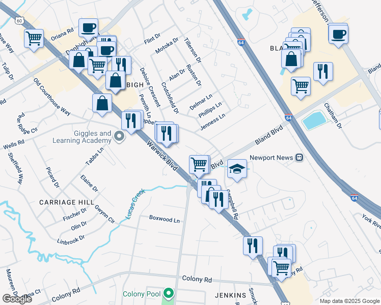 map of restaurants, bars, coffee shops, grocery stores, and more near 3959 Horse Run Glen in Newport News
