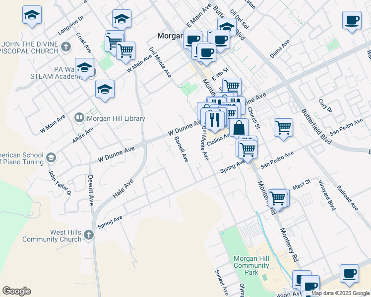 map of restaurants, bars, coffee shops, grocery stores, and more near 16900 Barnell Avenue in Morgan Hill