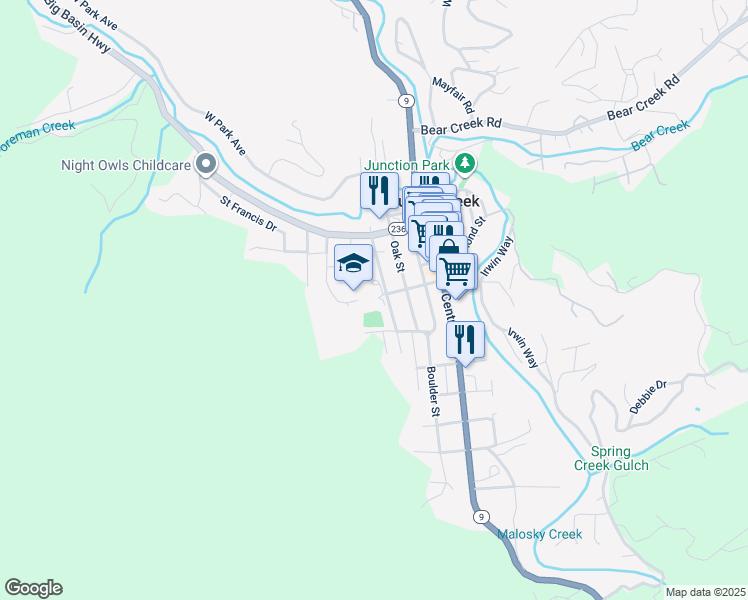 map of restaurants, bars, coffee shops, grocery stores, and more near 400 West Lomond Street in Boulder Creek