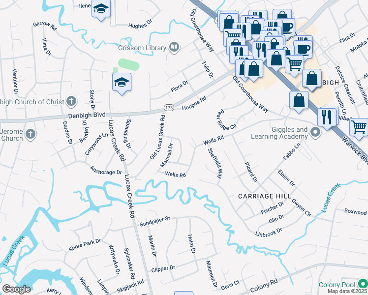map of restaurants, bars, coffee shops, grocery stores, and more near 119 Debbie Lane in Newport News