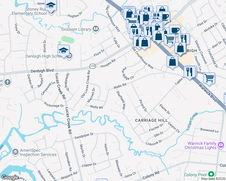 map of restaurants, bars, coffee shops, grocery stores, and more near 214 Newcastle Court in Newport News
