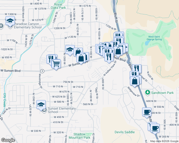 map of restaurants, bars, coffee shops, grocery stores, and more near 826 North 1110 West Circle in St. George