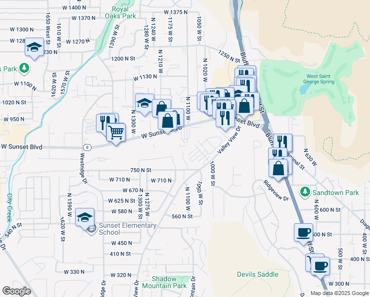map of restaurants, bars, coffee shops, grocery stores, and more near 826 North 1110 West Circle in St. George