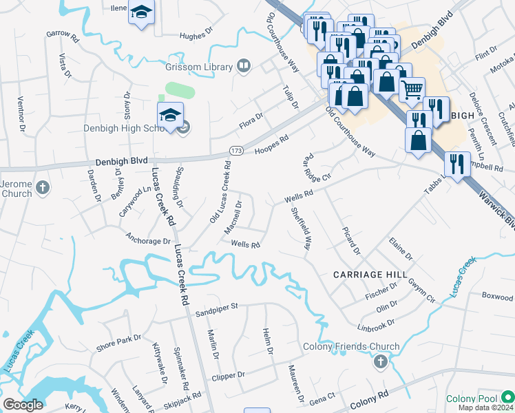 map of restaurants, bars, coffee shops, grocery stores, and more near 119 Debbie Lane in Newport News