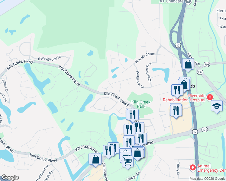map of restaurants, bars, coffee shops, grocery stores, and more near 106 Crosspointe Court in Yorktown