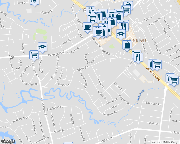 map of restaurants, bars, coffee shops, grocery stores, and more near 232 Telford Drive in Newport News