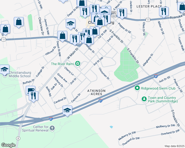 map of restaurants, bars, coffee shops, grocery stores, and more near 103 Roseland Drive Southwest in Christiansburg