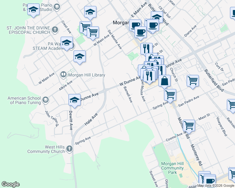 map of restaurants, bars, coffee shops, grocery stores, and more near 16730 Lone Hill Drive in Morgan Hill
