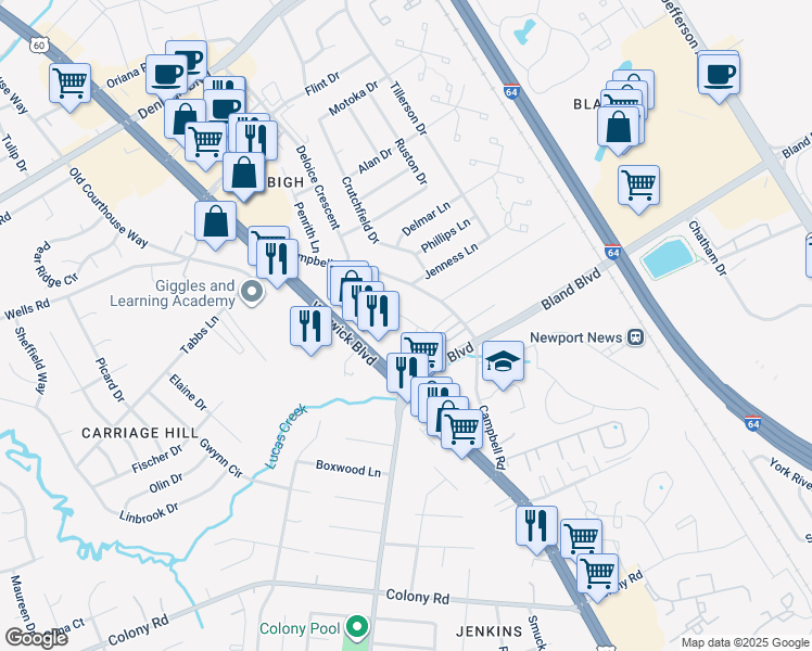 map of restaurants, bars, coffee shops, grocery stores, and more near 3954 Palomino Drive in Newport News