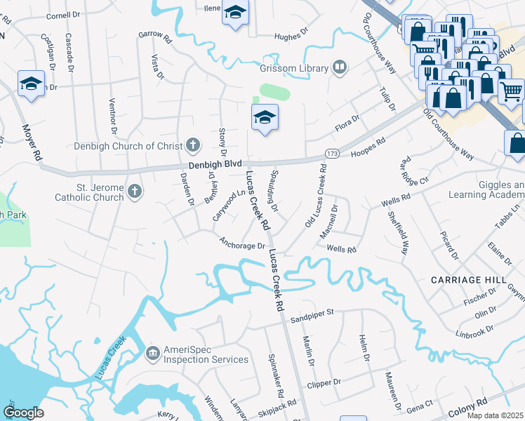 map of restaurants, bars, coffee shops, grocery stores, and more near 715 Lucas Creek Road in Newport News