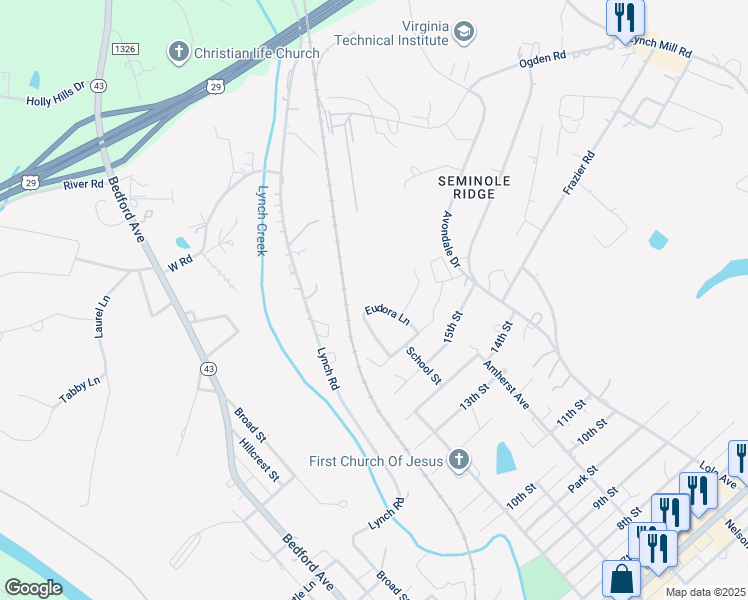 map of restaurants, bars, coffee shops, grocery stores, and more near 1714 Eudora Lane in Altavista