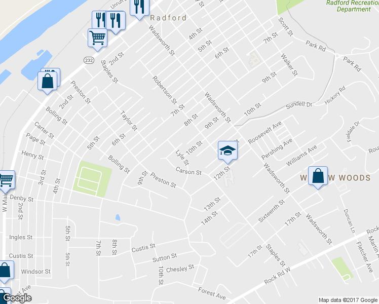 map of restaurants, bars, coffee shops, grocery stores, and more near 802 10th Street in Radford