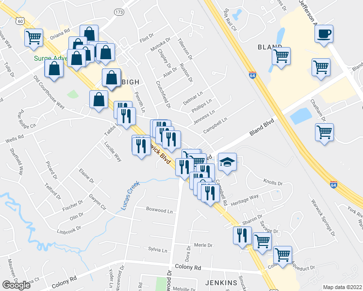 map of restaurants, bars, coffee shops, grocery stores, and more near 3959 Horse Run Glen in Newport News