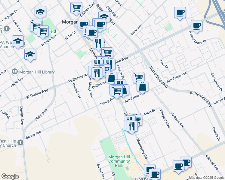 map of restaurants, bars, coffee shops, grocery stores, and more near 16815 Monterey Road in Morgan Hill