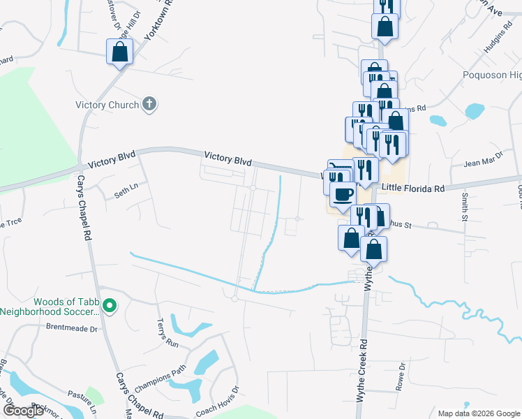 map of restaurants, bars, coffee shops, grocery stores, and more near 598 City Hall Avenue in Poquoson