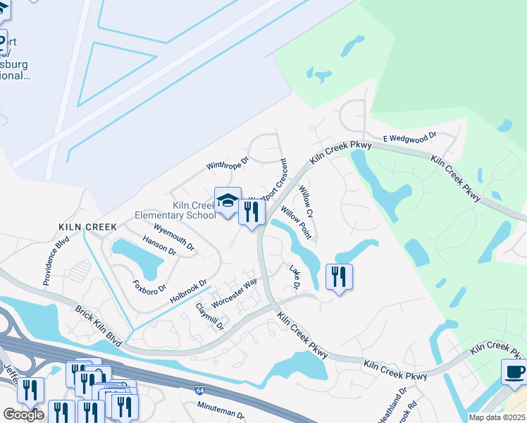 map of restaurants, bars, coffee shops, grocery stores, and more near 806 Baylor Court in Newport News