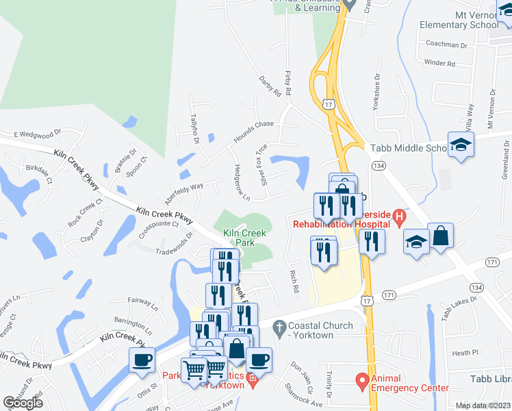 map of restaurants, bars, coffee shops, grocery stores, and more near 128 Hedgerow Lane in Yorktown
