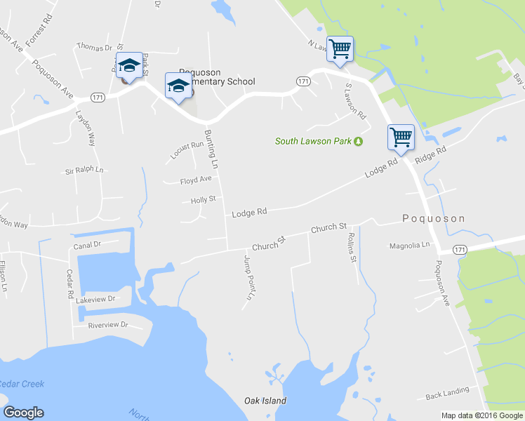 map of restaurants, bars, coffee shops, grocery stores, and more near 106 Lodge Road in Poquoson