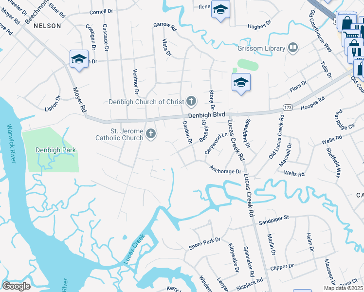 map of restaurants, bars, coffee shops, grocery stores, and more near 789 Darden Drive in Newport News