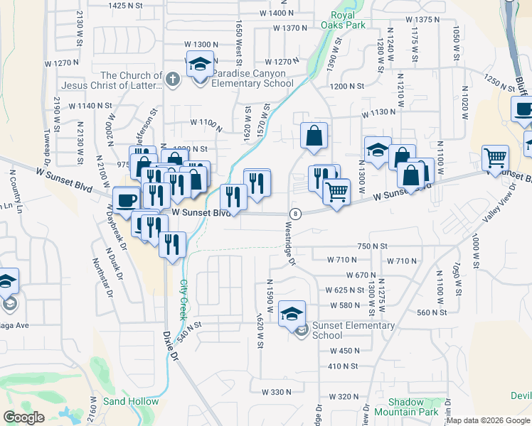 map of restaurants, bars, coffee shops, grocery stores, and more near 1564 West Sunset Boulevard in St. George