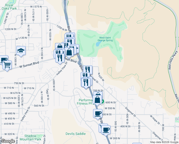 map of restaurants, bars, coffee shops, grocery stores, and more near 898 North 700 West in St. George