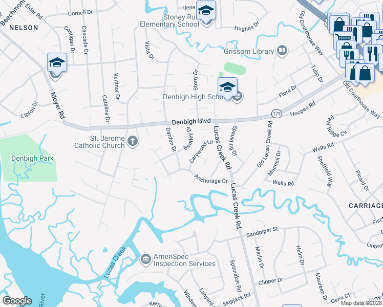 map of restaurants, bars, coffee shops, grocery stores, and more near 209 Bentley Drive in Newport News