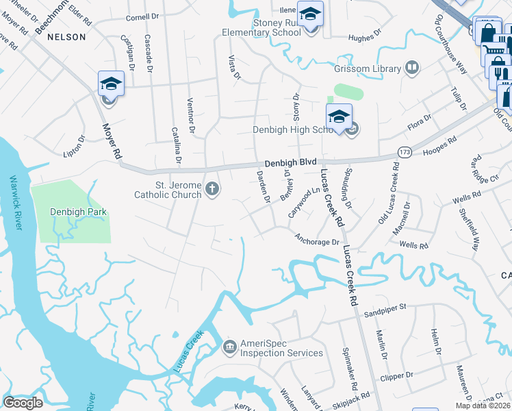 map of restaurants, bars, coffee shops, grocery stores, and more near 789 Darden Drive in Newport News