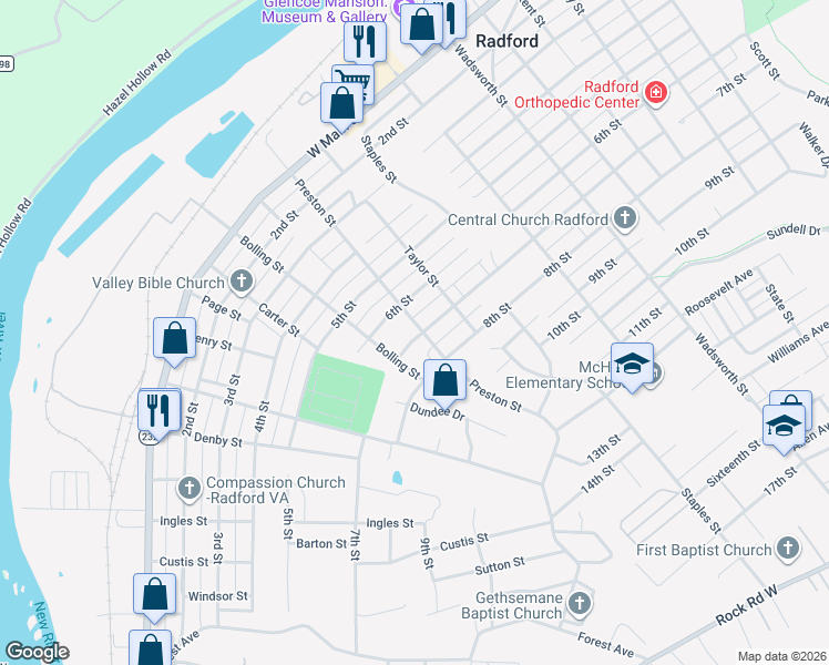 map of restaurants, bars, coffee shops, grocery stores, and more near 601-649 Preston Street in Radford