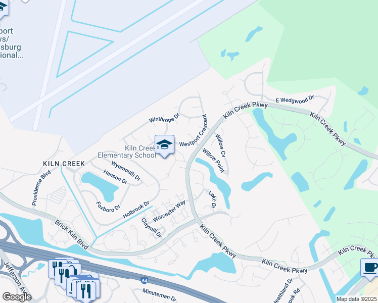 map of restaurants, bars, coffee shops, grocery stores, and more near 806 Baylor Court in Newport News