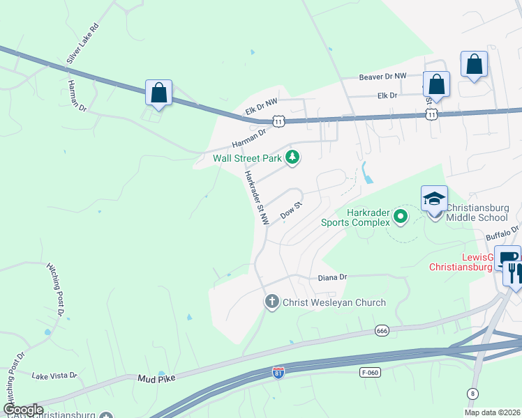 map of restaurants, bars, coffee shops, grocery stores, and more near 301 Harkrader Street Northwest in Christiansburg