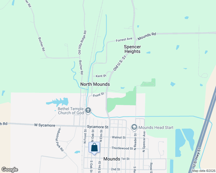 map of restaurants, bars, coffee shops, grocery stores, and more near 3514 Old U.S. 51 in Mounds