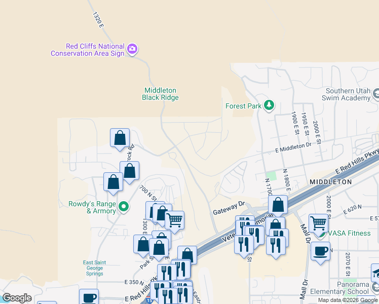 map of restaurants, bars, coffee shops, grocery stores, and more near 927 Grand Heights Drive in St. George