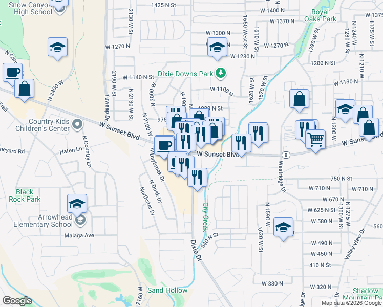 map of restaurants, bars, coffee shops, grocery stores, and more near 3160 Utah 8 in St. George