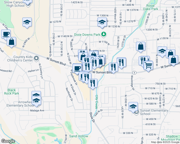 map of restaurants, bars, coffee shops, grocery stores, and more near W Sunset Blvd & N Dixie Dr in St George