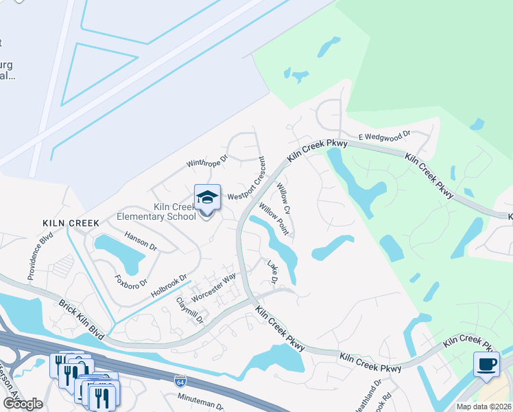map of restaurants, bars, coffee shops, grocery stores, and more near 717 West Willow Point Place in Newport News
