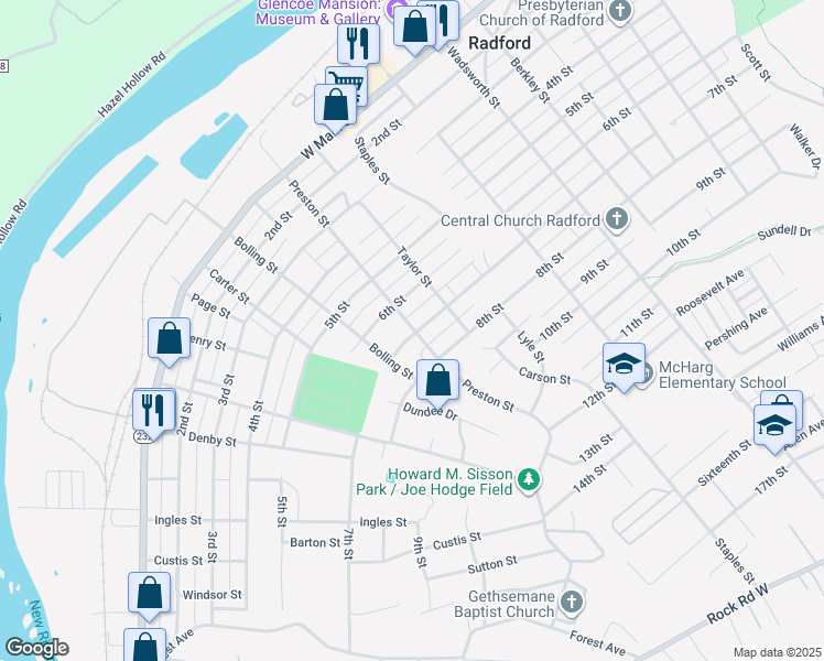 map of restaurants, bars, coffee shops, grocery stores, and more near 649 Preston Street in Radford