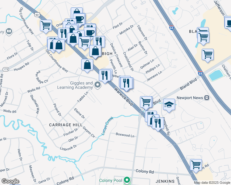 map of restaurants, bars, coffee shops, grocery stores, and more near 13779 Warwick Boulevard in Newport News
