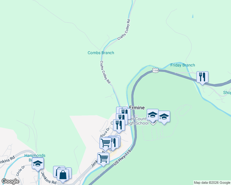 map of restaurants, bars, coffee shops, grocery stores, and more near 170 Crafts Colley Road in Ermine