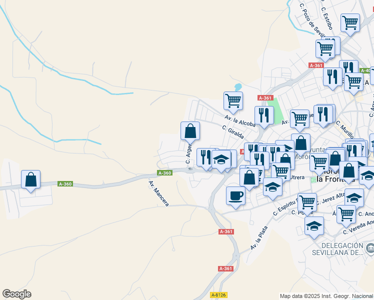 map of restaurants, bars, coffee shops, grocery stores, and more near 16 Calle Chile in Morón de la Frontera