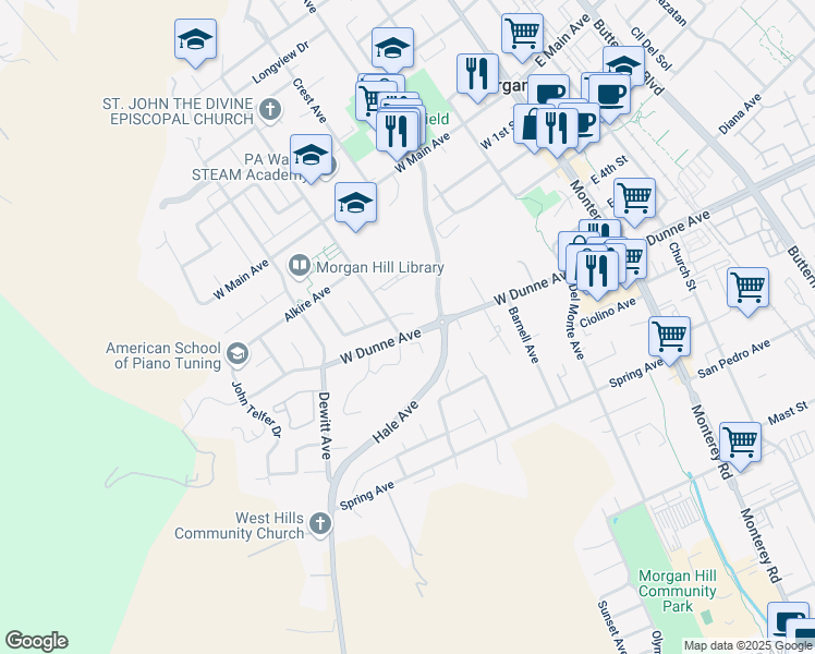 map of restaurants, bars, coffee shops, grocery stores, and more near 385 West Dunne Avenue in Morgan Hill