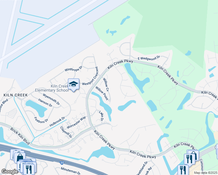 map of restaurants, bars, coffee shops, grocery stores, and more near 1624 Willow Cove in Newport News