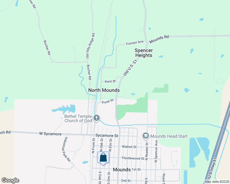 map of restaurants, bars, coffee shops, grocery stores, and more near 3514 Old U.S. 51 in Mounds