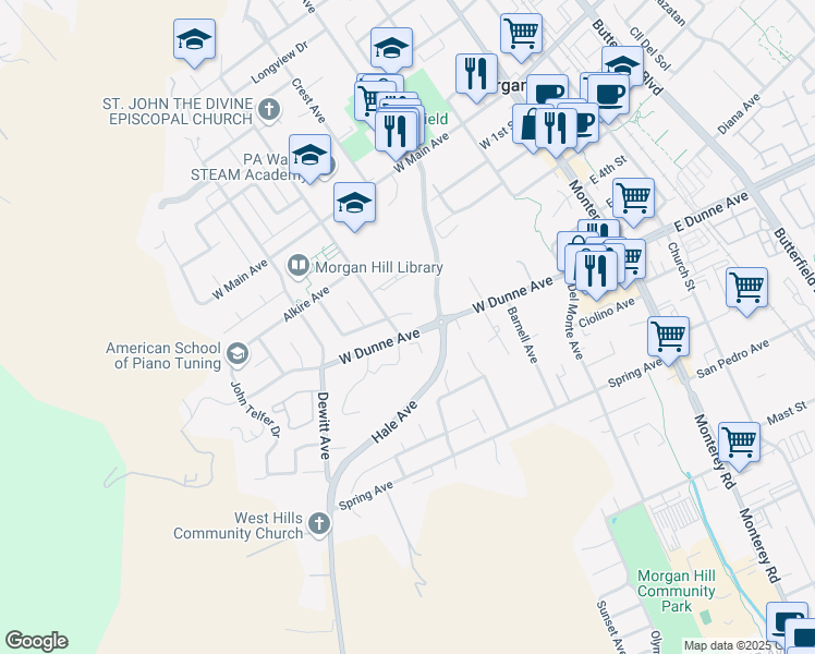 map of restaurants, bars, coffee shops, grocery stores, and more near 385 West Dunne Avenue in Morgan Hill