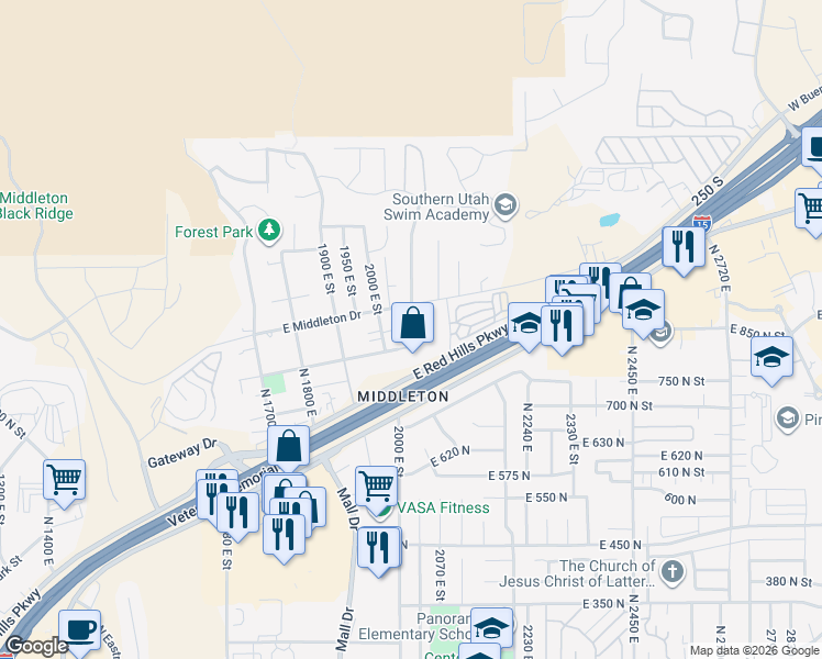map of restaurants, bars, coffee shops, grocery stores, and more near 2056 East Middleton Drive in St. George