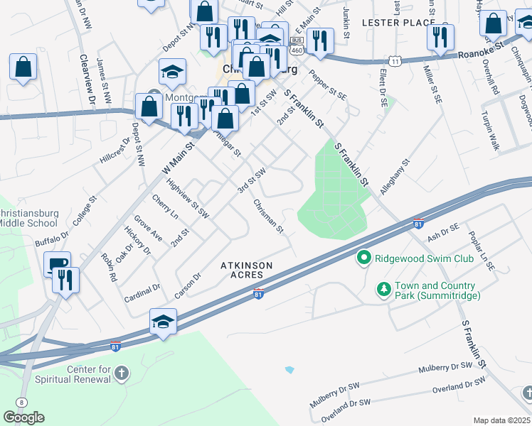 map of restaurants, bars, coffee shops, grocery stores, and more near 313 Phlegar Street in Christiansburg