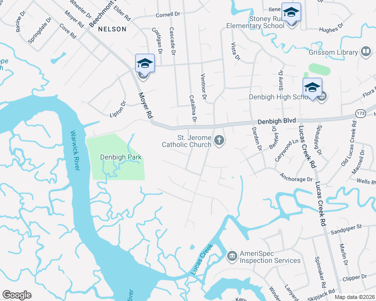 map of restaurants, bars, coffee shops, grocery stores, and more near 8 Evelyn Drive in Newport News
